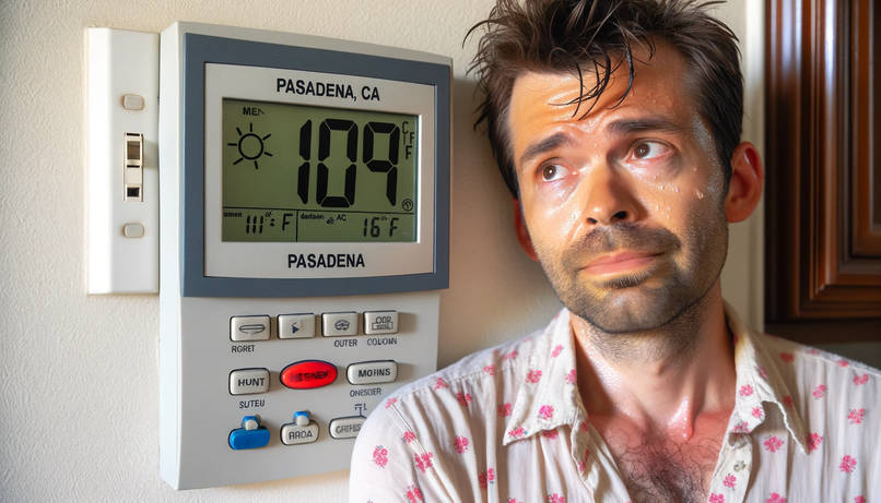 A Pasadena, CA homeowner standing in front of an AC thermostat. The thermostat indicates that the AC is broken. It is 109 degrees F in pasadena